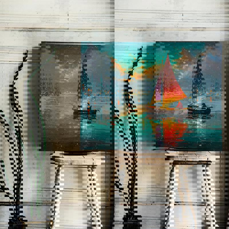 Christmas serenity boat canvas print, misty shoreline with pine silhouettes and stars, subtle seasonal art for dorm study area