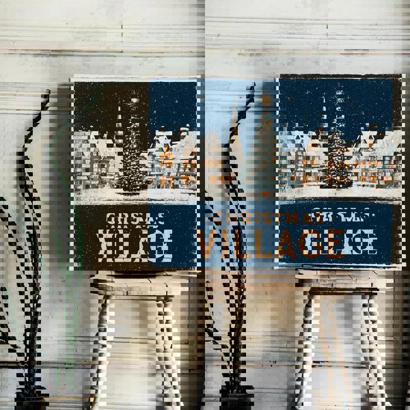 Retro Christmas village canvas print, vintage holiday street with garlands and lights, soft colors create a calm, cozy dorm atmosphere