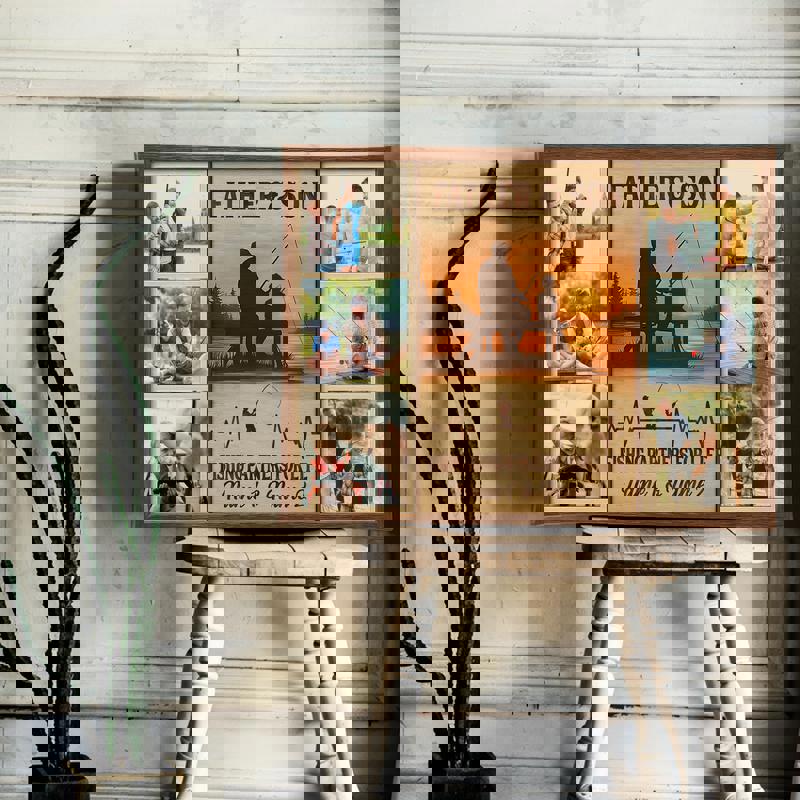 Father and son fishing photo collage canvas, custom lake vacation keepsake, rustic farmhouse wall art for lake house or cabin