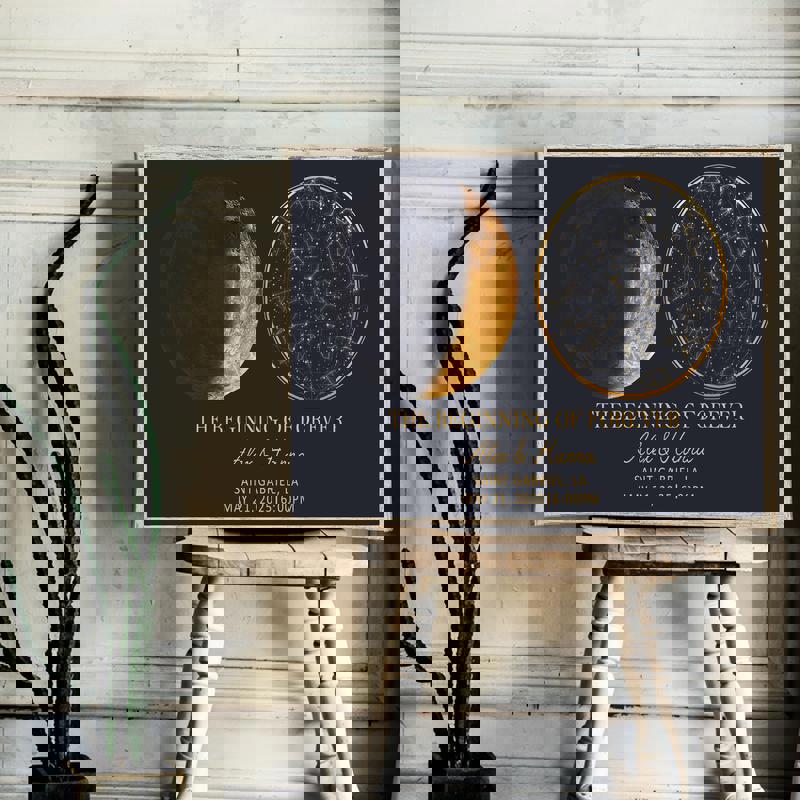 moon phase and star map canvas print, personalized with two names and special date, elegant text, landscape, couple keepsake moon phase and star map canvas print, personalized with two names and special date, elegant text, landscape, couple keepsake