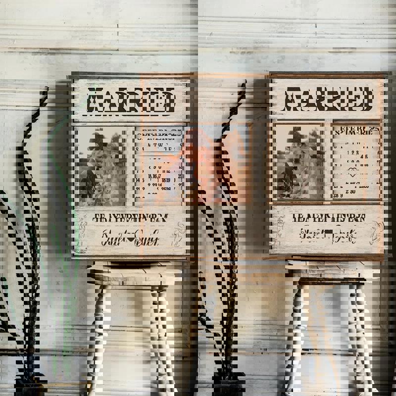 Wedding calendar canvas for entryway decor, personalized names and wedding date on weathered wood, farmhouse rustic style