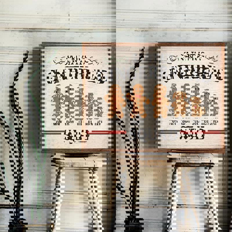 Gingerbread family canvas, custom last name and three cookie kids, neutral rustic palette, farmhouse Christmas print