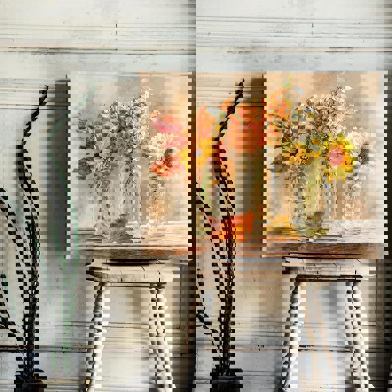 Thanksgiving floral watercolor canvas with rustic jar bouquet and subtle leaf accents, linen-look laundry room artwork