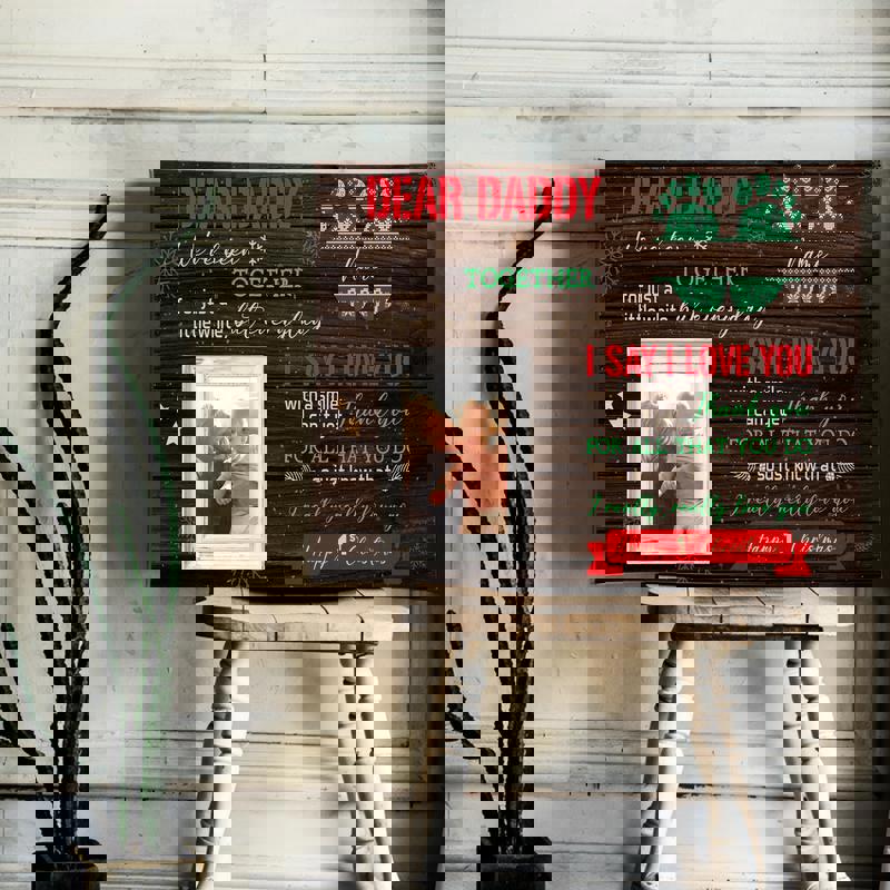 Happy First Christmas canvas keepsake, personalized from baby for Dad, rustic wall decor with custom name and date, Christmas