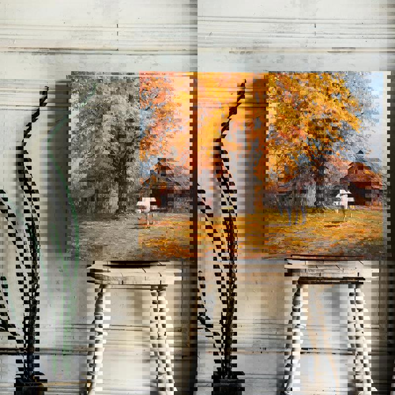 Harvest Autumn Serenity canvas, Thanksgiving dorm room wall art with gentle fall palette to create a cozy study corner.