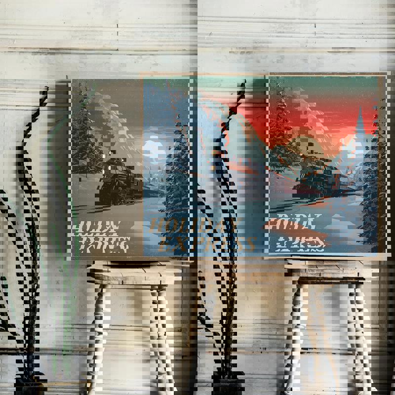 Holiday Express retro travel Christmas canvas wall art, vintage travel poster motif, festive accent for dorm room decor Holiday Express retro travel Christmas canvas wall art, vintage travel poster motif, festive accent for dorm room decor