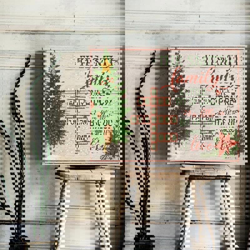 Personalized family name crossword canvas with quote, rustic farmhouse, warm wood grain, mantel display, Christmas gift