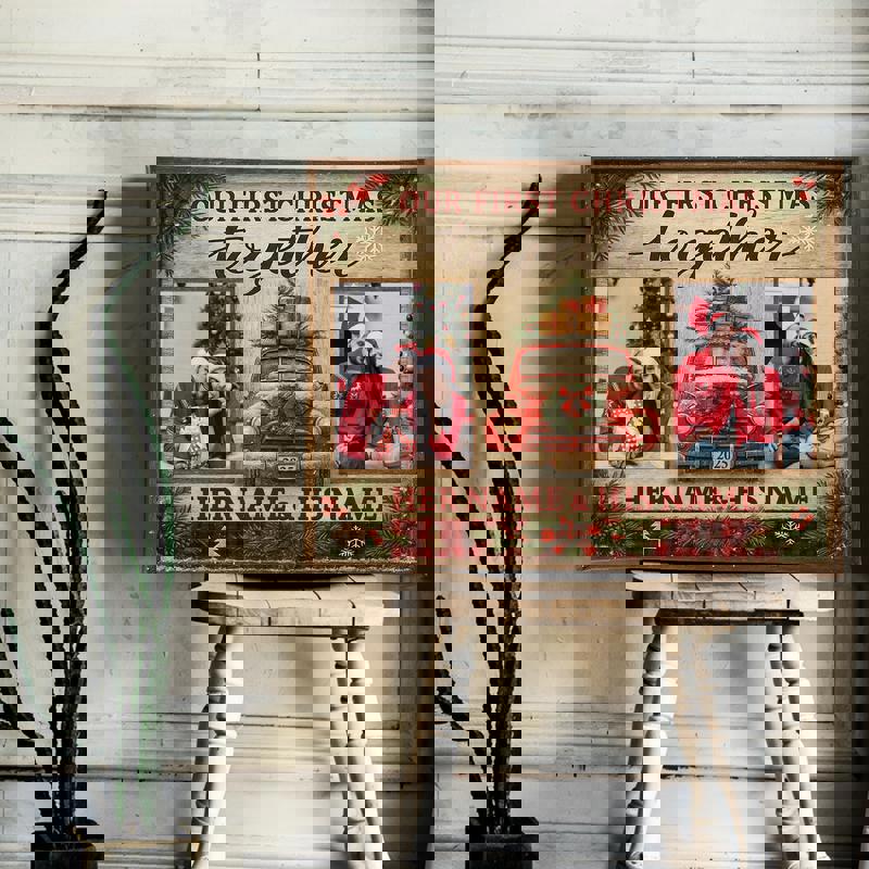 First Christmas together canvas artwork, custom photo collage with heart initials on reclaimed wood, entryway farmhouse decor