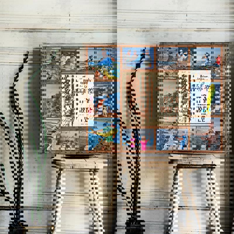 Fishing photo collage canvas with farmhouse tones and canvas texture, personalized photos and names, entryway wall art