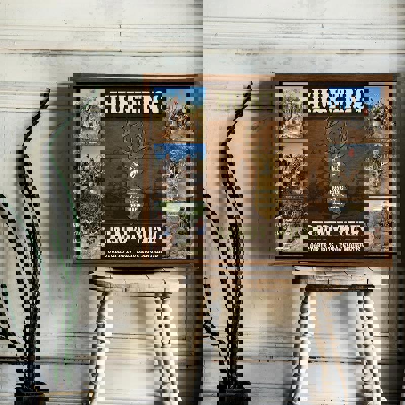 Hunting Is My Therapy canvas, personalized deer photo collage, farmhouse tones, add dates, living room or office decor for hunting fans