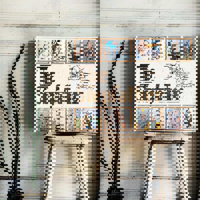 Personalized stepfather photo collage canvas, rustic farmhouse wall art with family photos, great birthday gift for bonus dad