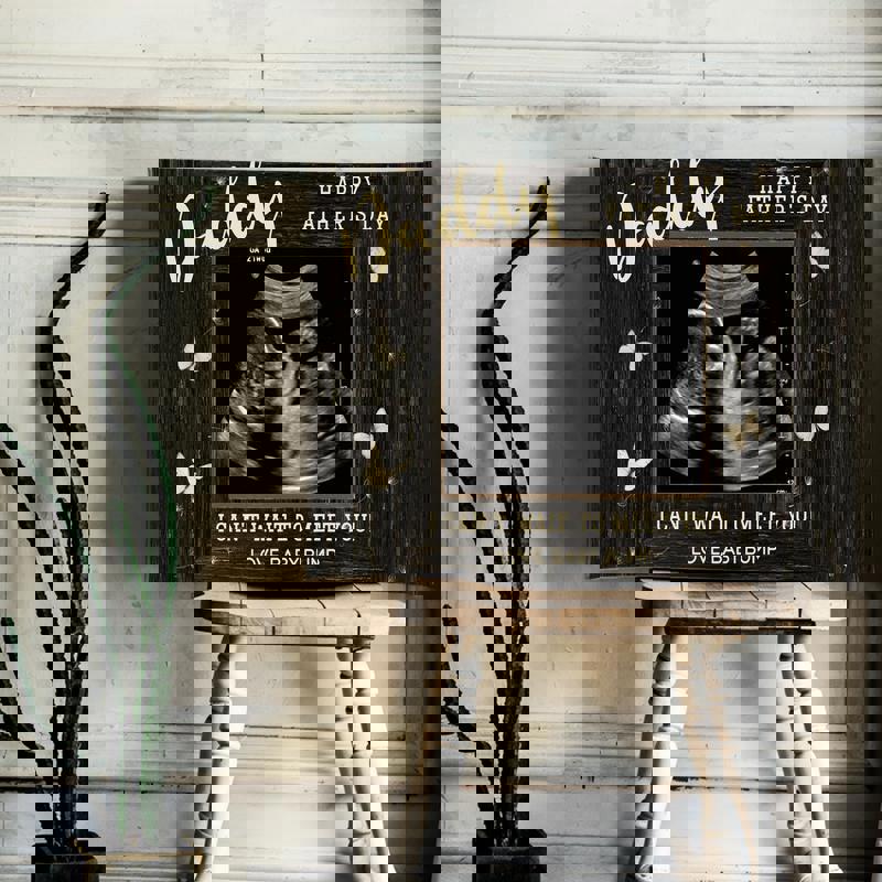 Father’s Day from bump ultrasound canvas art, personalized with baby’s name, heart accents and black border effect, portrait