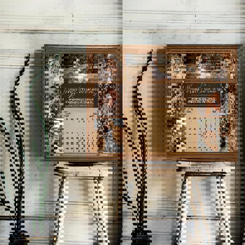 Rustic farmhouse anniversary calendar canvas with warm wood tones, custom names, date, and photo collage, meaningful anniversary gift Rustic farmhouse anniversary calendar canvas with warm wood tones, custom names, date, and photo collage, meaningful anniversary gift