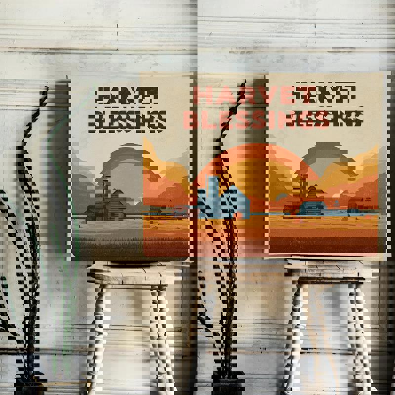 Thanksgiving harvest fields canvas print, warm vintage landscape of wheat rows at dusk, easy seasonal wall decor for dorms