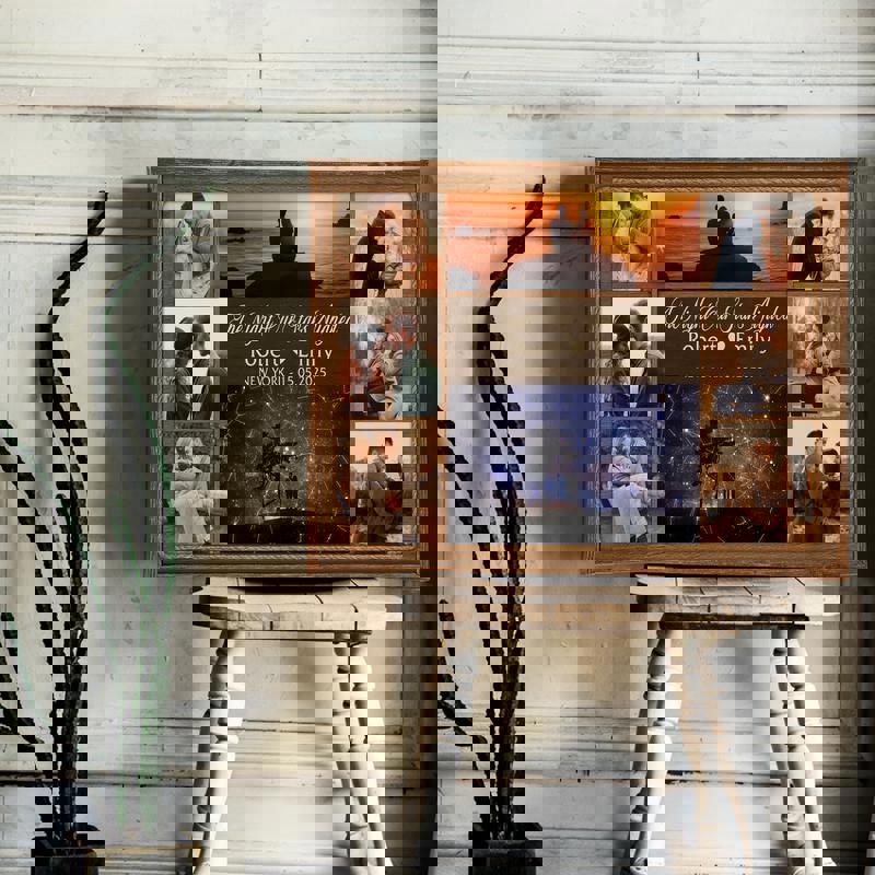 custom star map photo collage canvas with night sky and photos, personalized names and date, anniversary gift for him or her