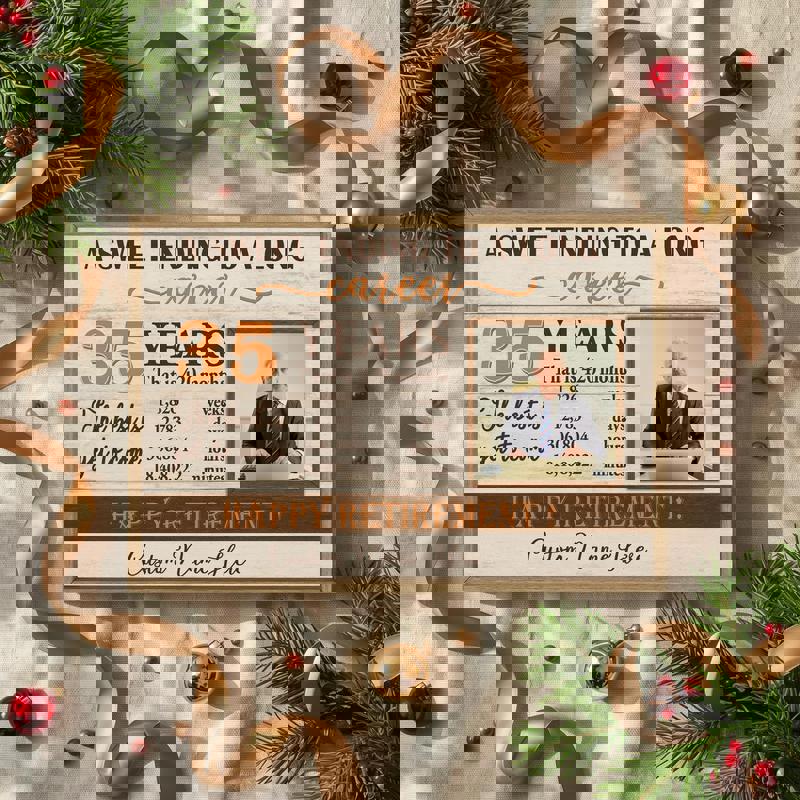 Happy retirement personalized photo canvas, burlap-inspired farmhouse design, upload photo and name; gift for a teacher