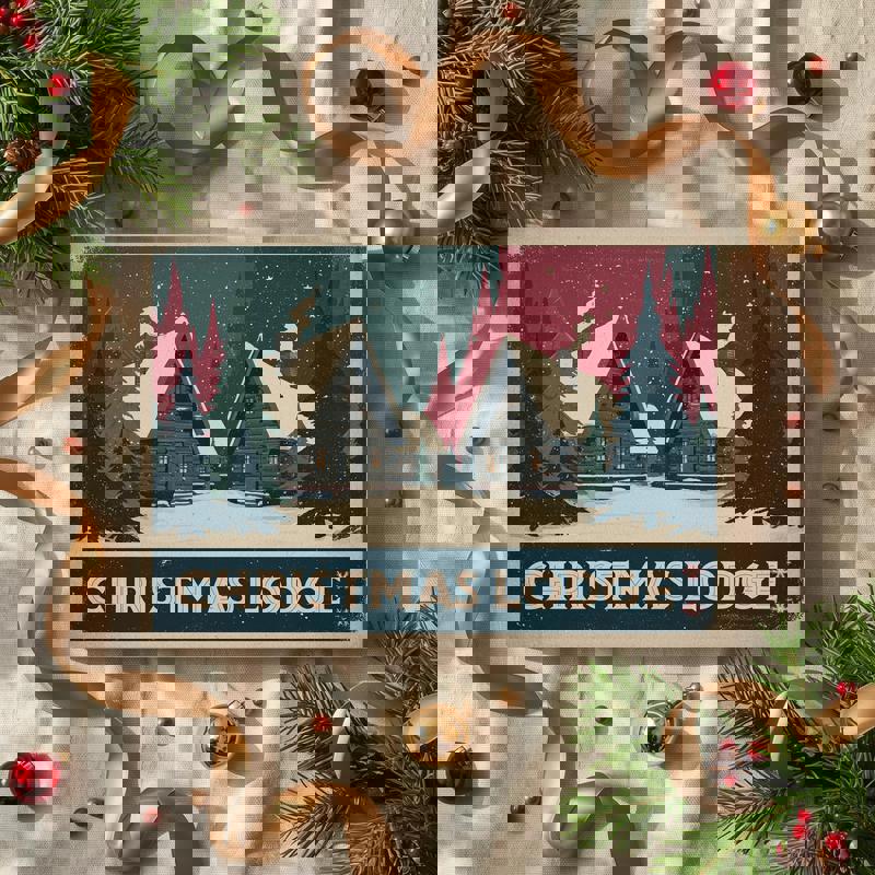 Christmas Lodge Retreat Retro canvas, warm nostalgic holiday lodge theme with textured look and forest accents, perfect for dorm wall styling.