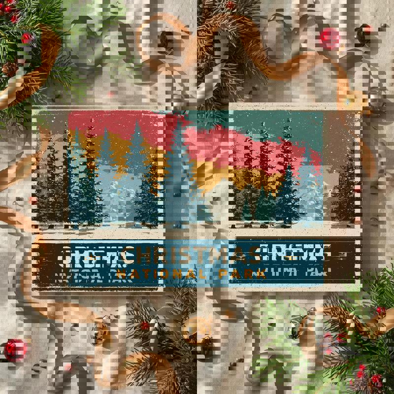 Christmas National Park canvas poster, classic park-service era design, snowy trees and cabins, stylish dorm wall art