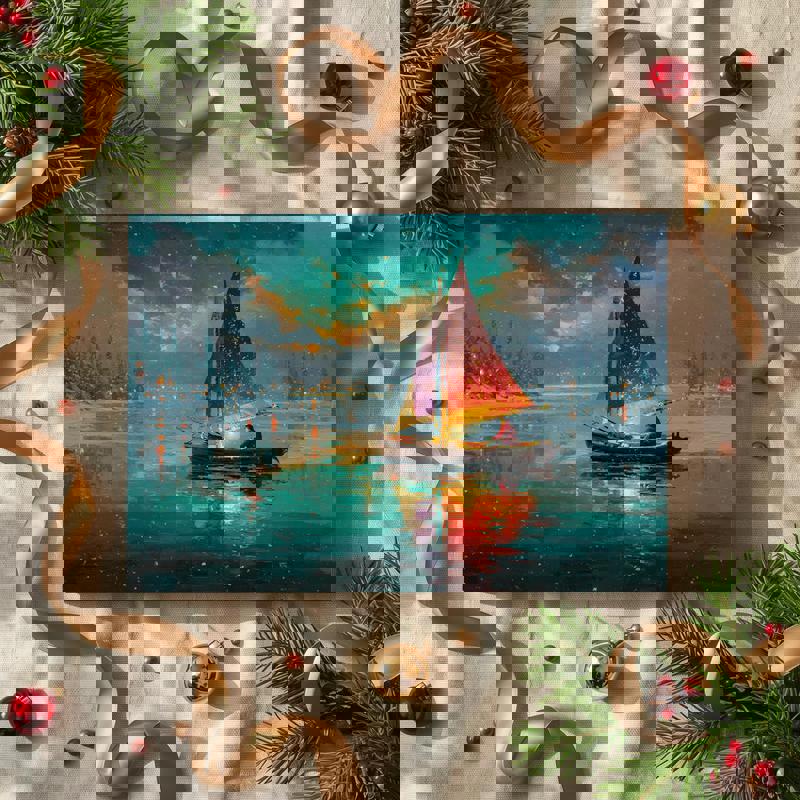 Christmas serenity boat canvas, watercolor wash in teal and gold, calm winter lake scene suited for modern dorm interiors