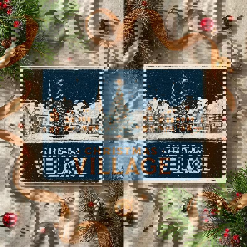 Retro Christmas village canvas wall art, mid-century style winter scene with quaint shops and lamplight, perfect seasonal dorm decor