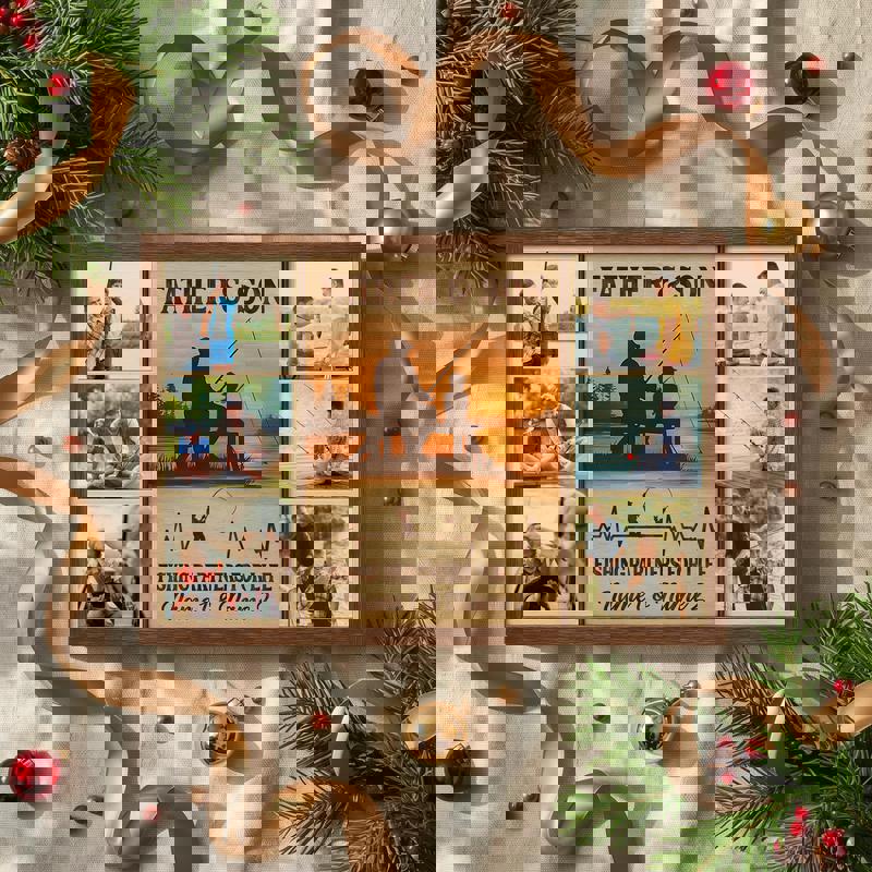 Father and son fishing photo collage canvas, personalized with your photos, lake trip keepsake in rustic farmhouse style