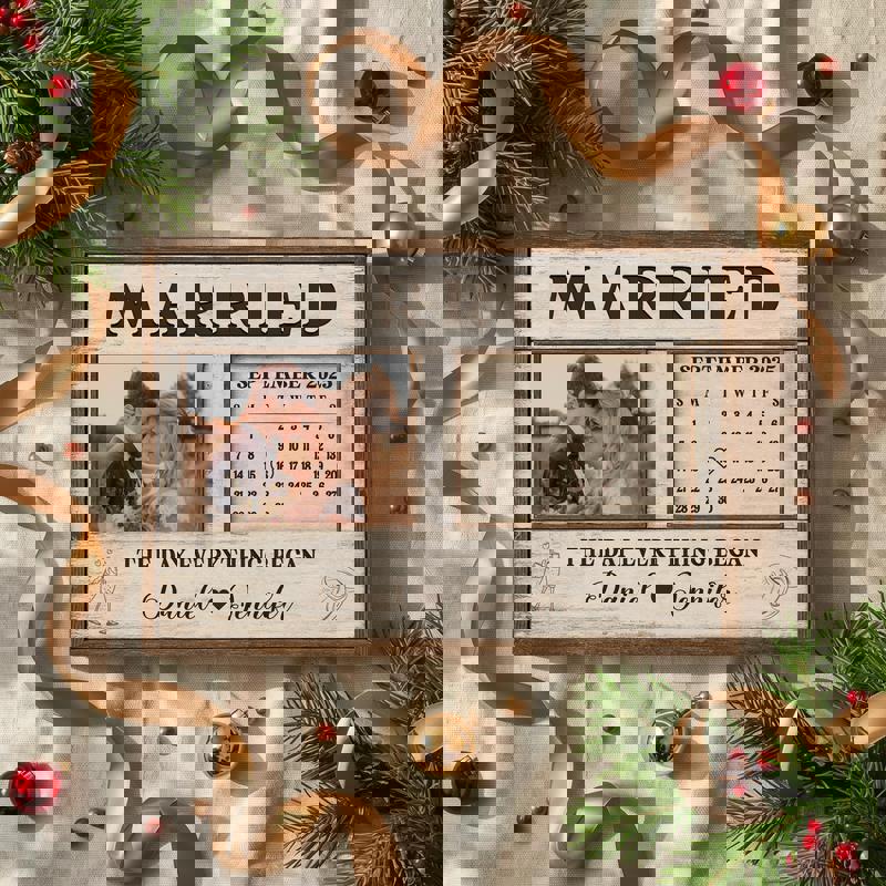 Wedding calendar canvas with pampas grass details, custom names and date, boho rustic farmhouse look, landscape orientation