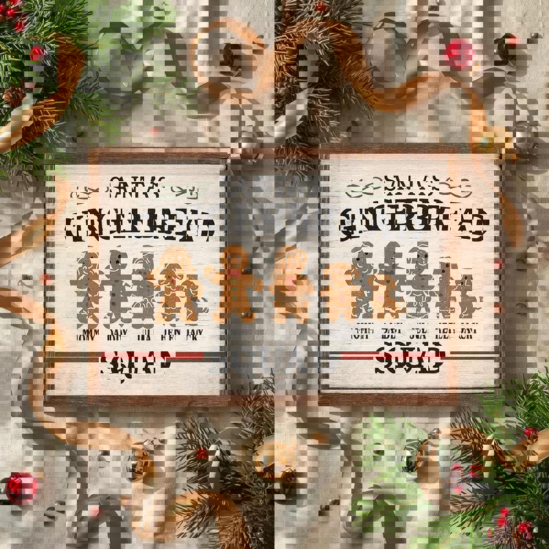 Gingerbread family canvas, farmhouse style with personalized family name and pets, festive holiday kitchen wall decor