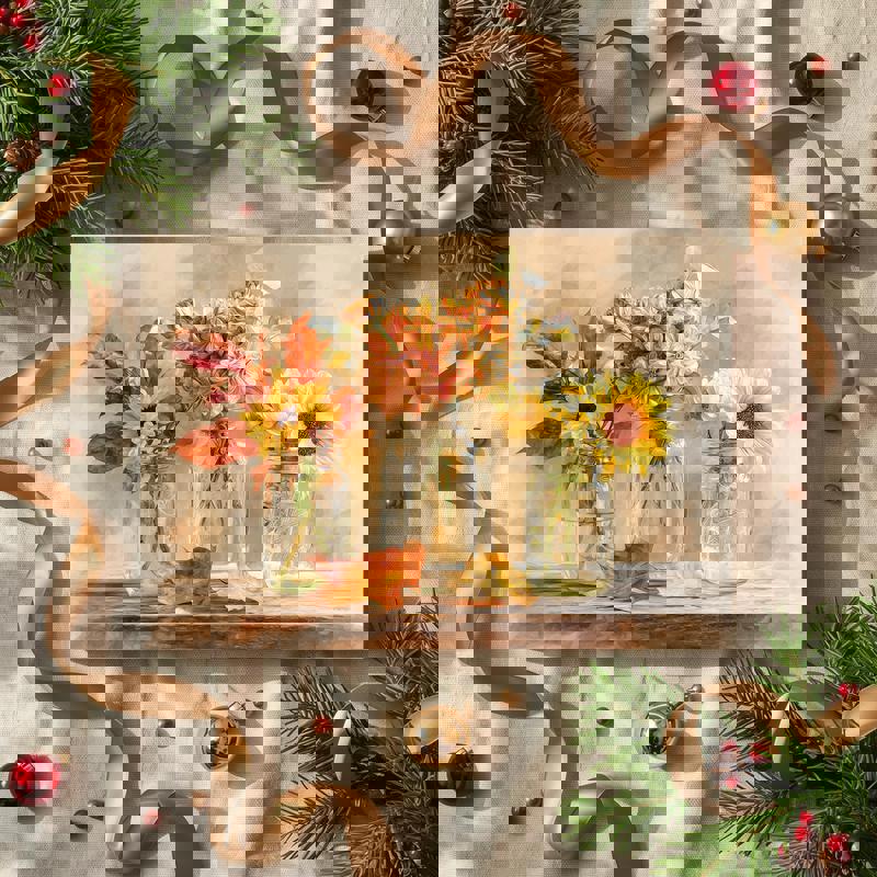 Thanksgiving floral watercolor canvas with rustic jars and grateful typography, beige backdrop for laundry room walls