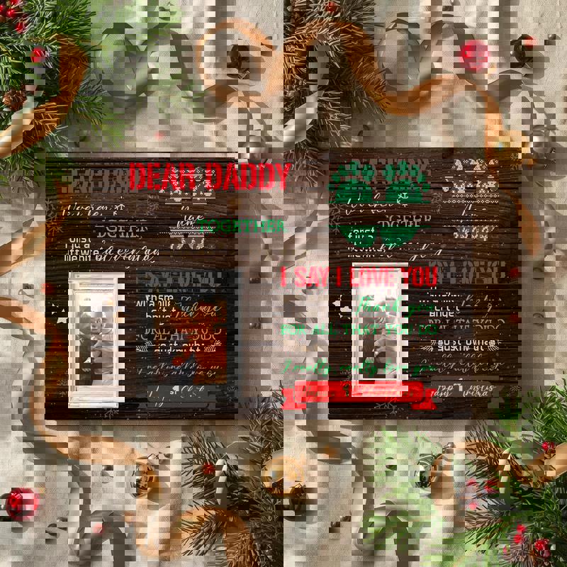 Happy First Christmas canvas print for Dad, rustic decor from baby, personalized with name and year, sentimental wall art