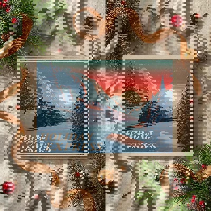 Holiday Express retro travel Christmas canvas print, illustrated locomotive and pine trees, stylish decor for dorm rooms Holiday Express retro travel Christmas canvas print, illustrated locomotive and pine trees, stylish decor for dorm rooms