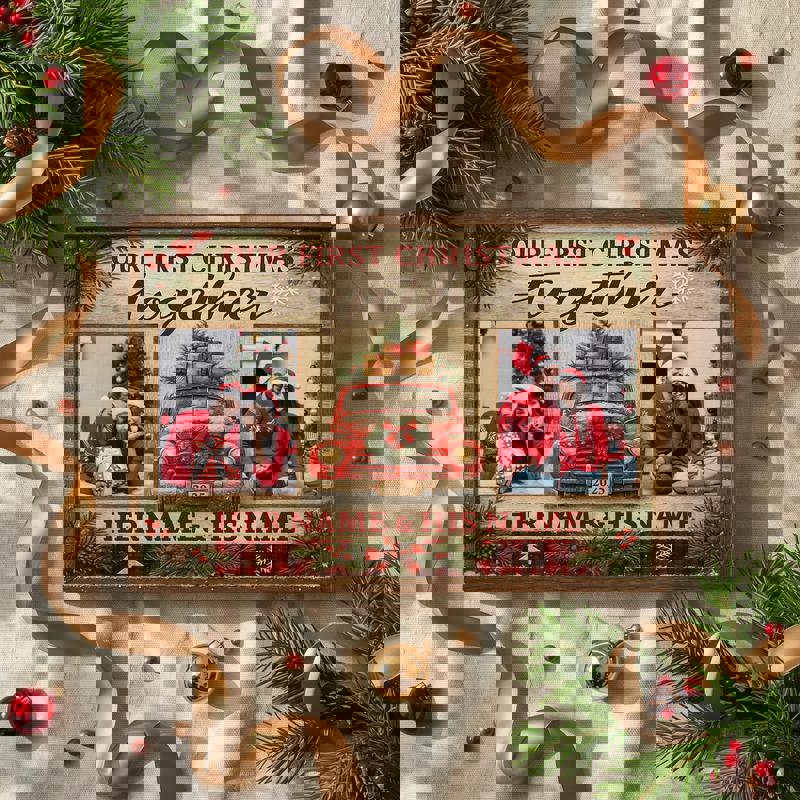 First Christmas together canvas wall art, personalized photo collage with plaid accents, rustic red and black farmhouse look