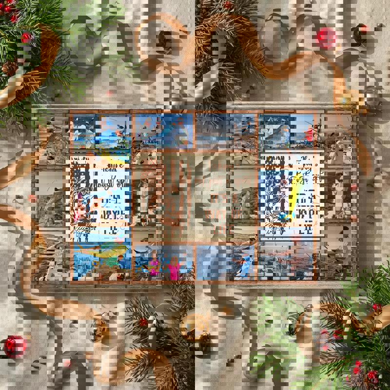 Fishing photo collage canvas with multi photo grid layout, custom captions and dates, lake cabin wall decor for anglers