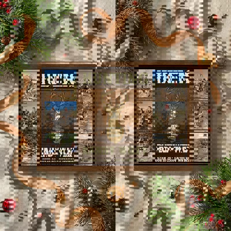 Hunting Is My Therapy canvas, custom deer photo collage on reclaimed wood look, personalize names and year, heartfelt Christmas gift for Dad