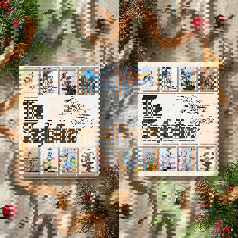 Personalized stepfather photo collage wall art canvas, square layout with nine photos, typography and names, hallway decor