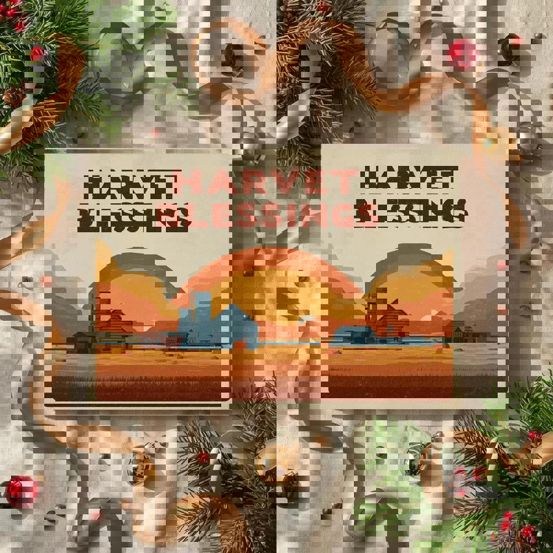 Thanksgiving harvest fields vintage poster, classic fall landscape with wheat and barn, host gift for Thanksgiving