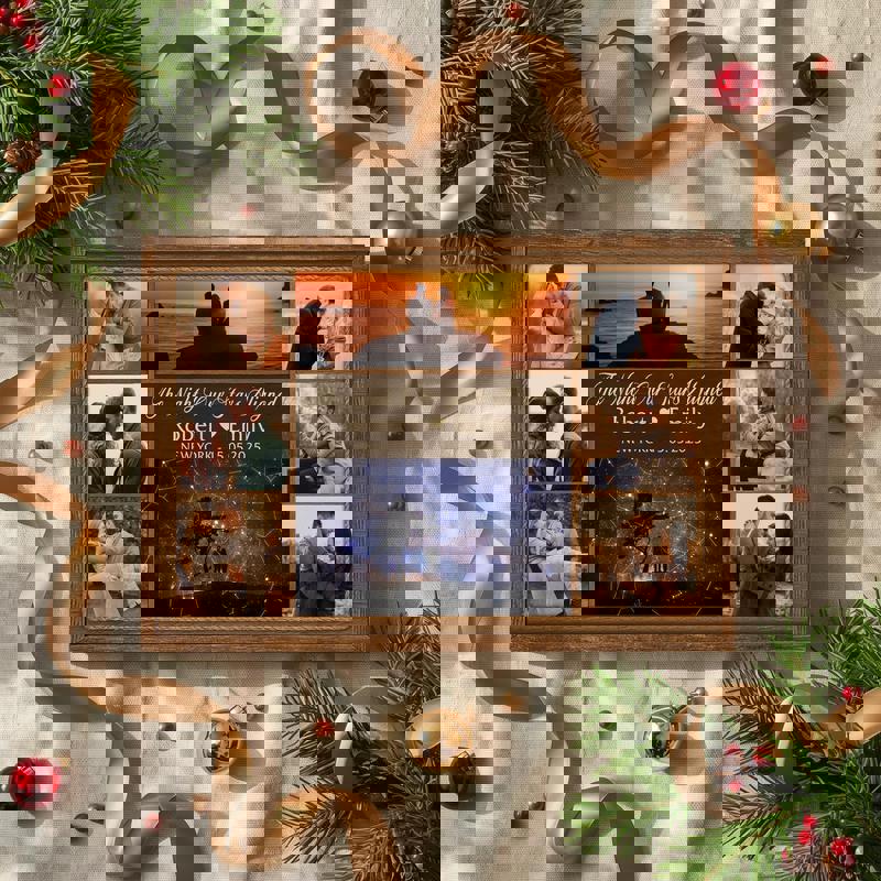 custom star map photo collage canvas, rustic with four-photo grid, personalized names, date and location for anniversary