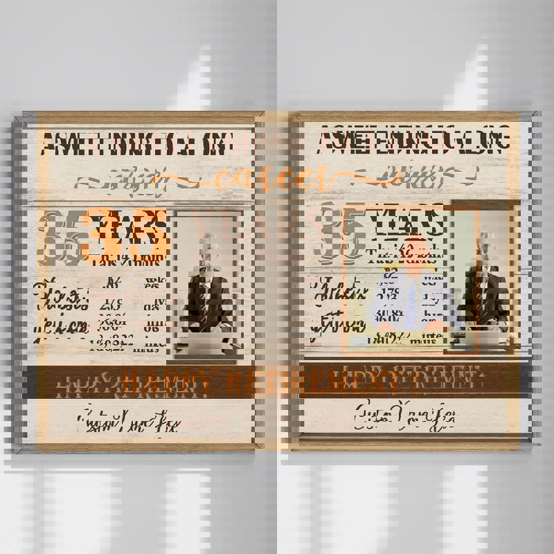 Happy retirement personalized photo canvas wall art with rustic farmhouse wood backdrop, custom photo, name, and date | Family Wall Decor