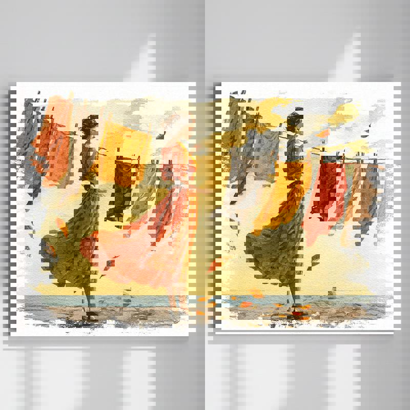 Autumn coastal laundry canvas wall art with seaside clothesline, fall tones, and breeze, perfect for laundry room decor | Familywalldecor