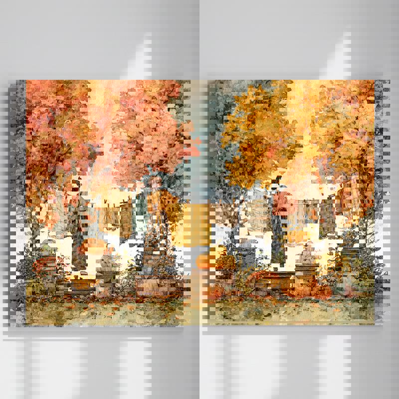 Thanksgiving watercolor canvas for laundry room decor featuring autumn chores with clothesline, pumpkins, and fall leaves | Familywalldecor