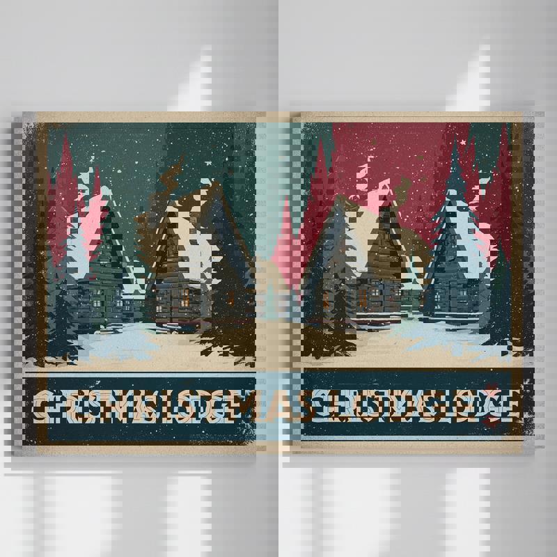 Christmas Lodge Retreat Retro canvas wall art for dorm decor, cozy cabin scene with snowy pines and vintage holiday typography accents. | Family Wall Decor