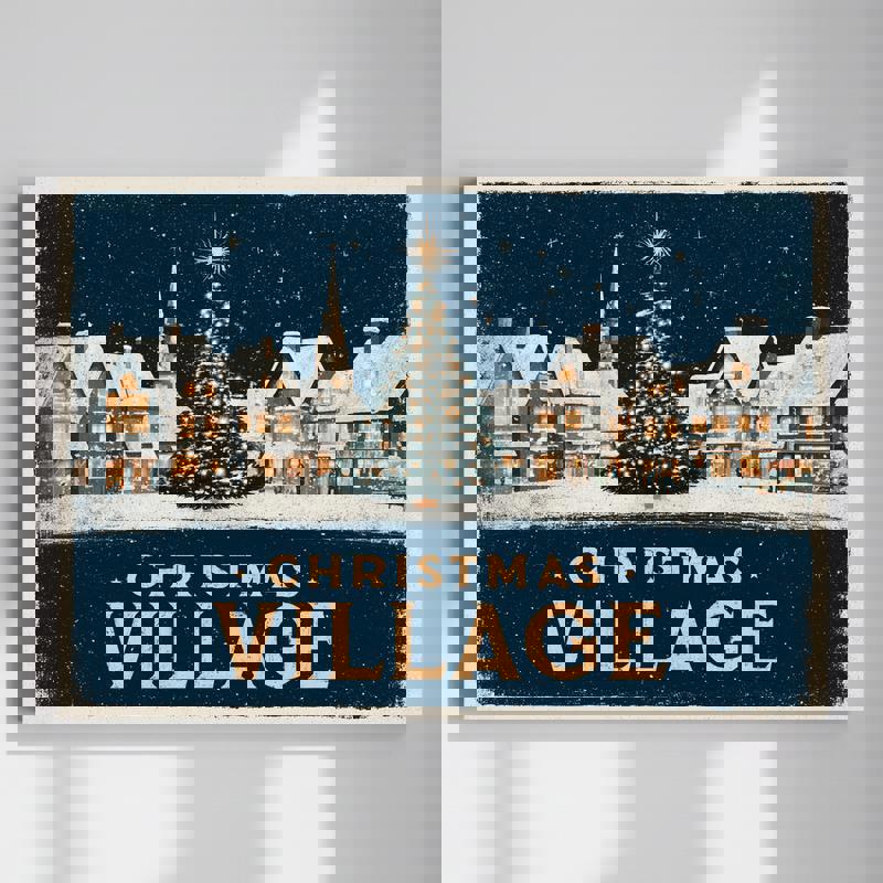 Retro Christmas village canvas wall art with snowy cottages and warm twinkle lights, cozy vintage vibe for dorm room decor