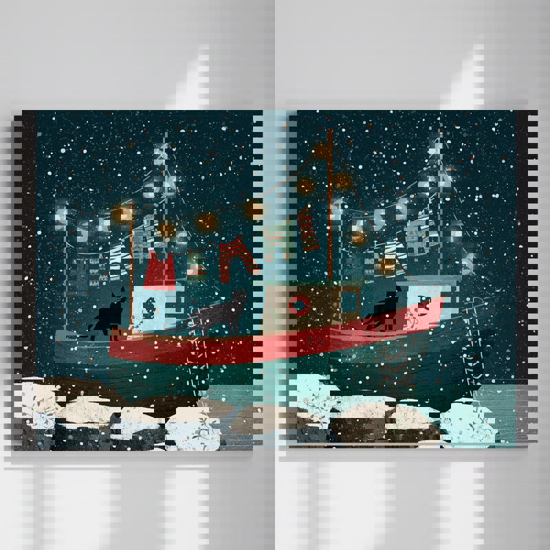 Cozy Christmas seaside laundry room canvas wall art with a festive boat and a playful cat, charming coastal holiday decor | Familywalldecor