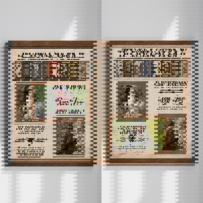 Military retirement canvas photo collage, personalized with names, rank, and service dates in rustic farmhouse wood style | Family Wall Decor