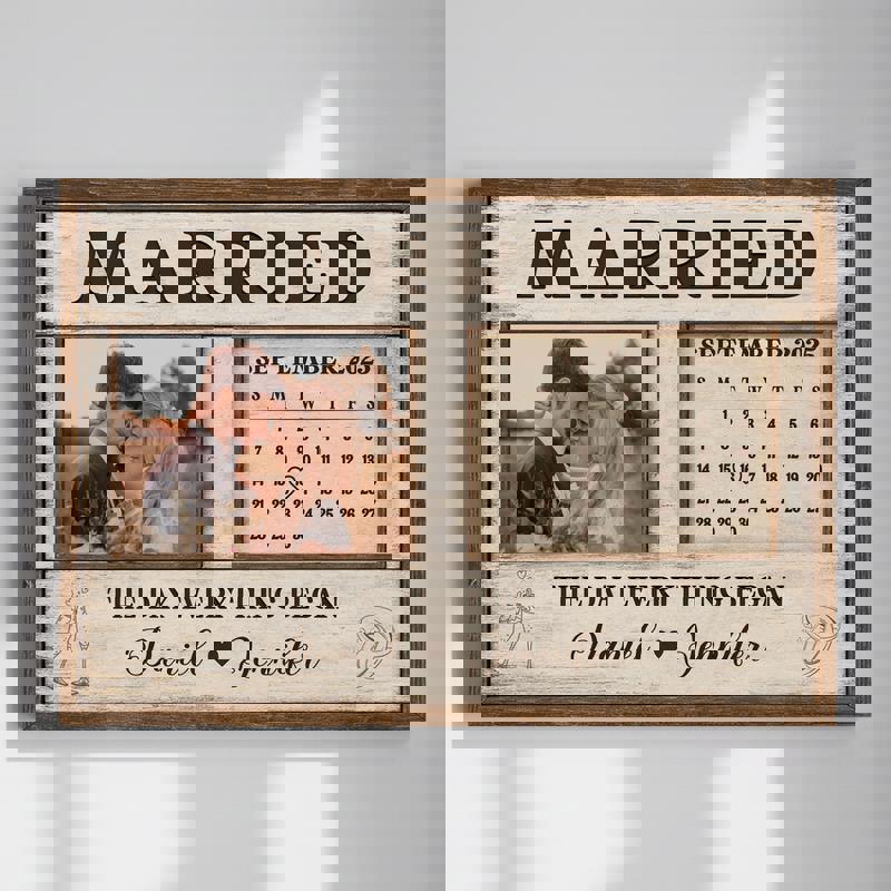 Wedding calendar canvas, rustic farmhouse wood, custom names and date with heart-marked month, portrait orientation | Family Wall Decor