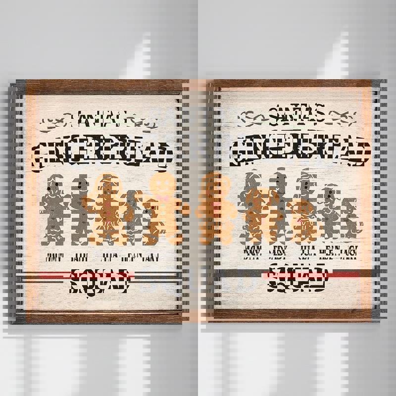 Gingerbread family canvas with personalized family name and cookie shapes, rustic farmhouse Christmas wall decor, horizontal | Family Wall Decor