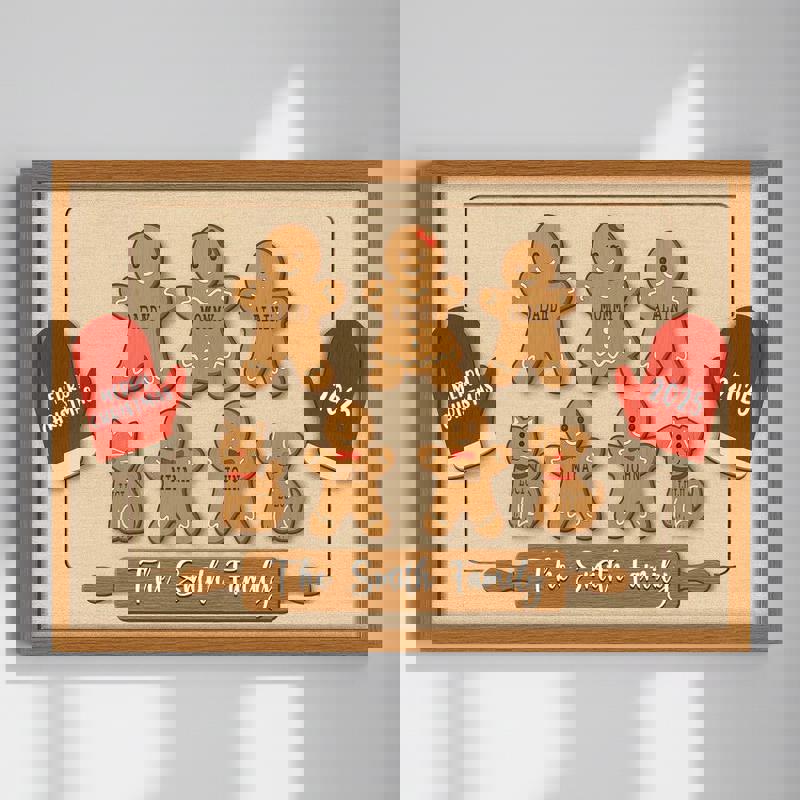 Gingerbread family canvas wall art with Grandma's Perfect Batch, personalized grandkids' names on cookies for Christmas | Family Wall Decor