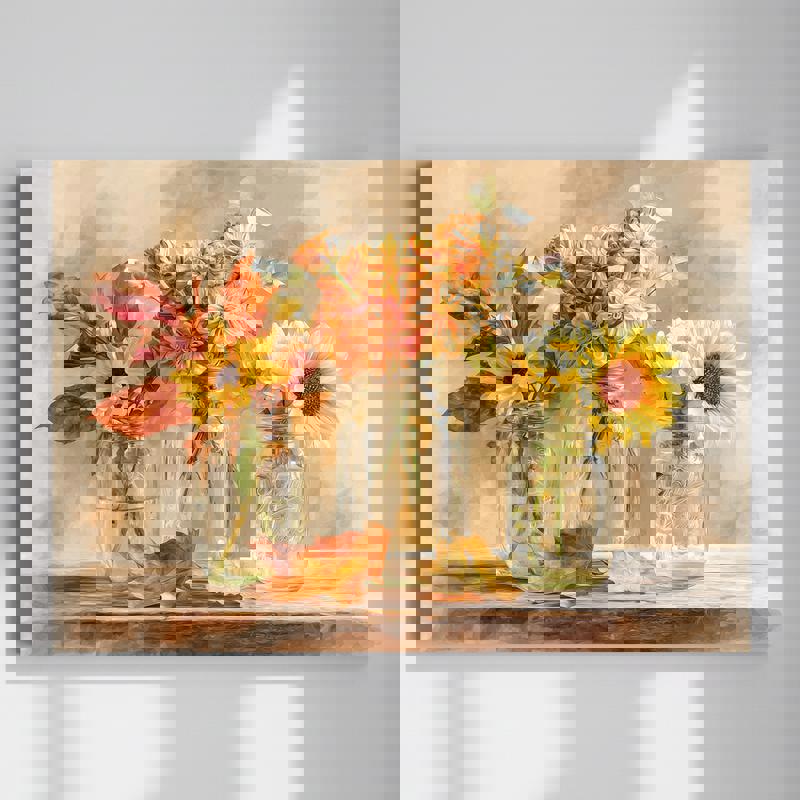 Thanksgiving floral watercolor canvas featuring Grateful Blooms in rustic jars, farmhouse wall art for the laundry room | Familywalldecor