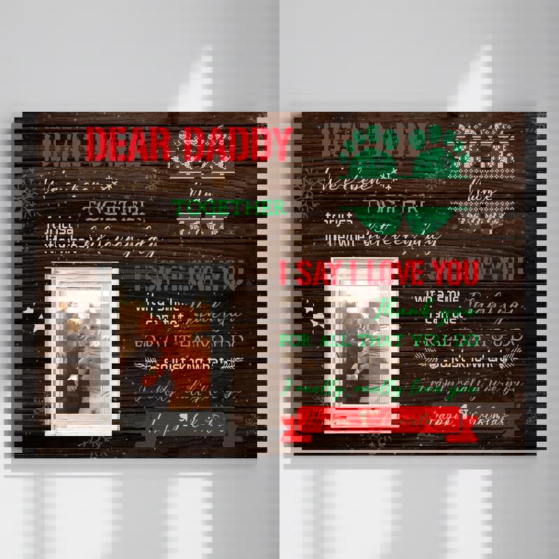 Happy First Christmas canvas wall art, personalized from baby for Dad in rustic style, custom name and year for holiday decor | Family Wall Decor