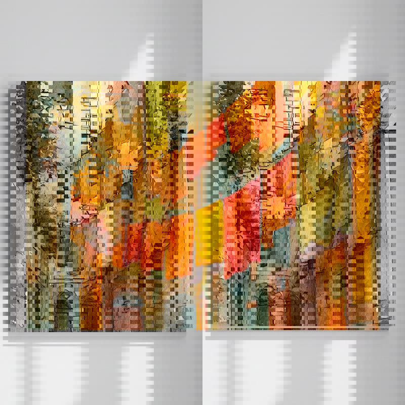 Harvest Breeze Thanksgiving laundry room canvas with sunlit Mediterranean alley, clothesline, pumpkins, and autumn leaves | Familywalldecor