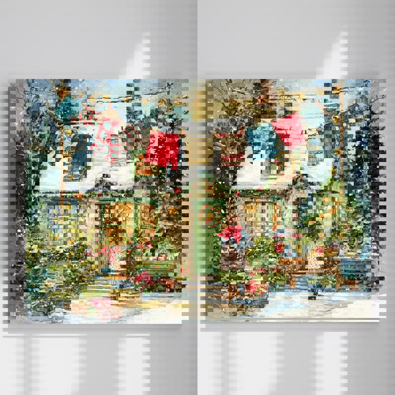 Laundry Before Christmas canvas, cozy watercolor washer-dryer with wreath and string lights for cheerful laundry room decor | Familywalldecor